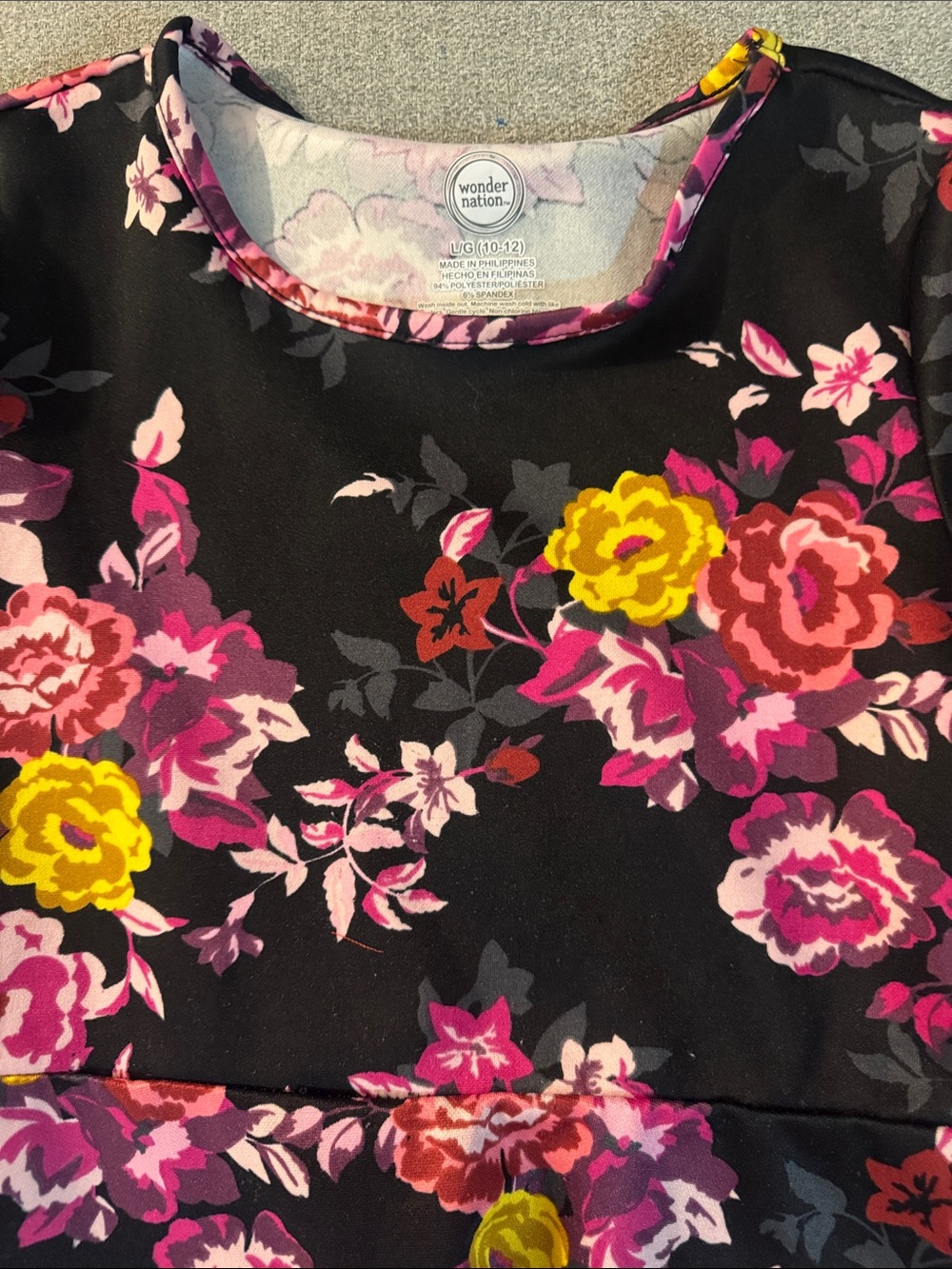 5/$15- Girls Floral Fit-and-Flare Dress - Black with Pink & Yellow Flowers - Picture 2 of 2